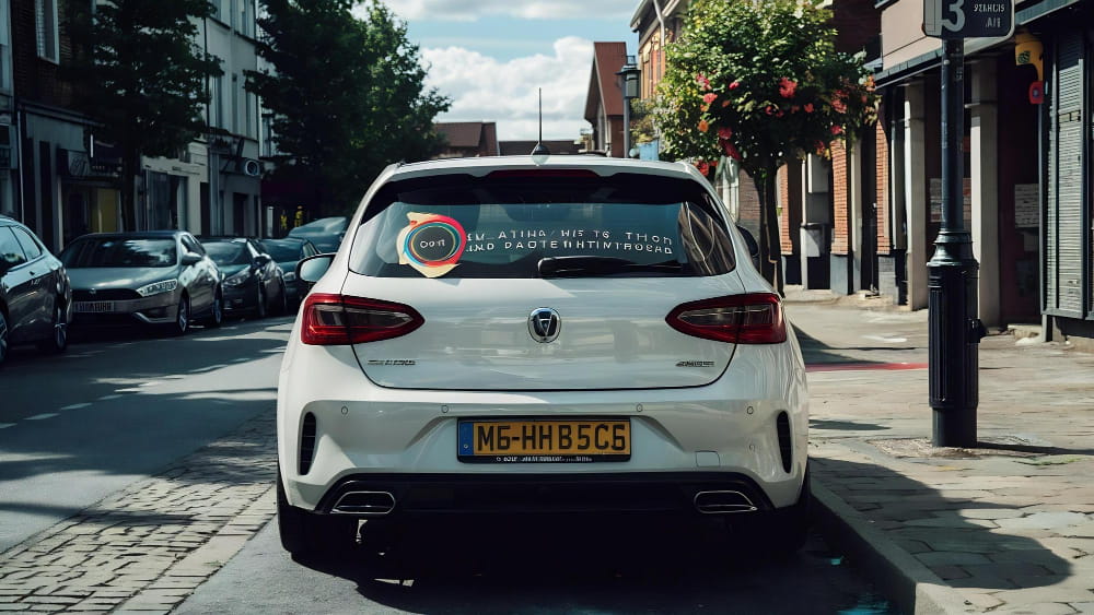 Vue arrière d’une voiture blanche garée dans une rue urbaine pavée en Europe, montrant clairement une plaque d’immatriculation voiture Allemagne standard.
